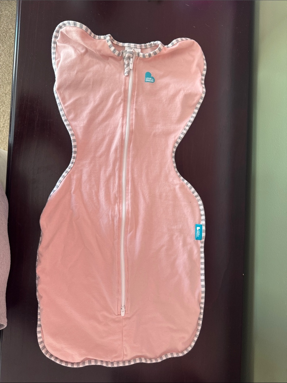 Love to Dream Peach-Pink Swaddle Sleep Sack with Striped Trim